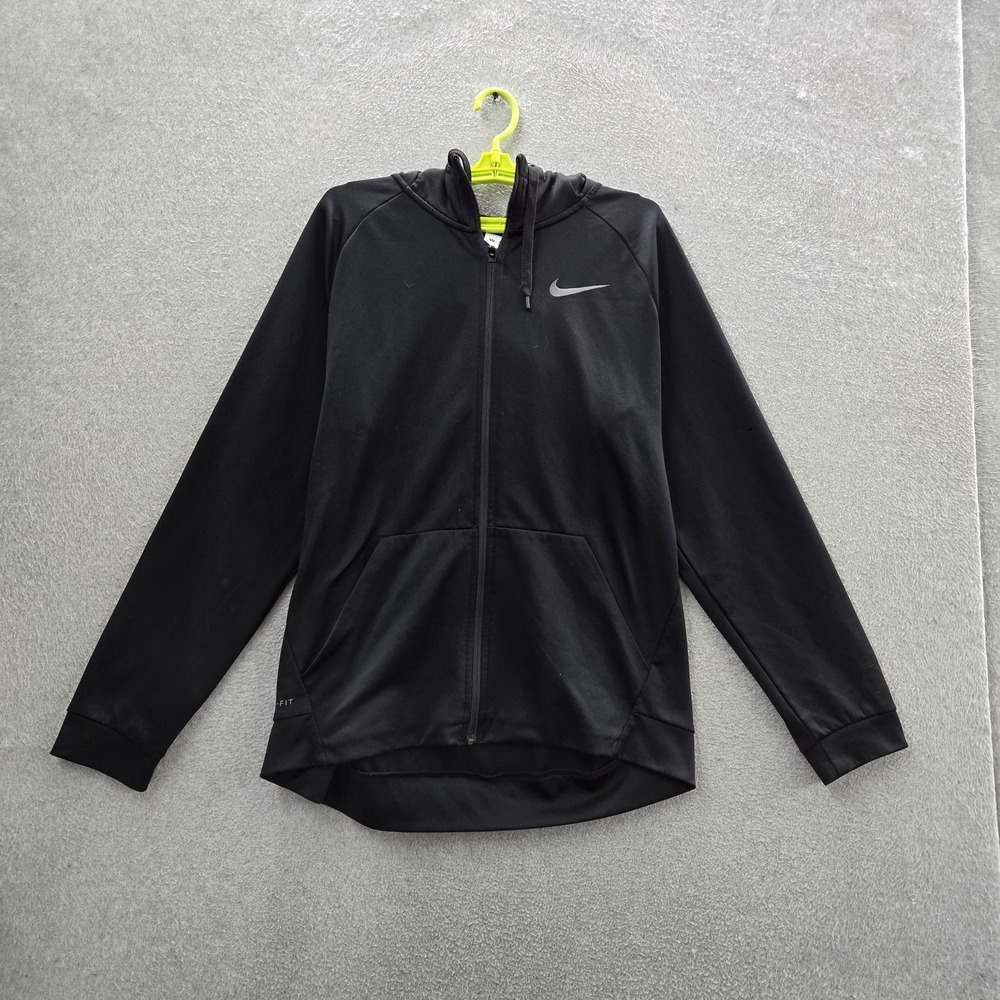 Nike‎ Men Hoodie L Black Fleece Dri-Fit Swoosh Zipper Logo Long Sleeve